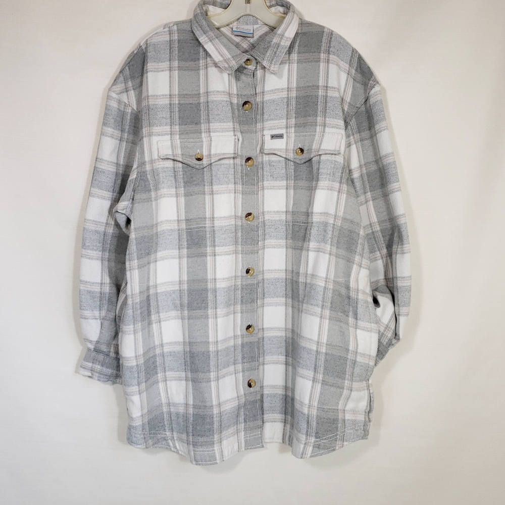 COLUMBIA Womens Cozy Button Front  Gray and White Plaid Shacket Jacket 2X
